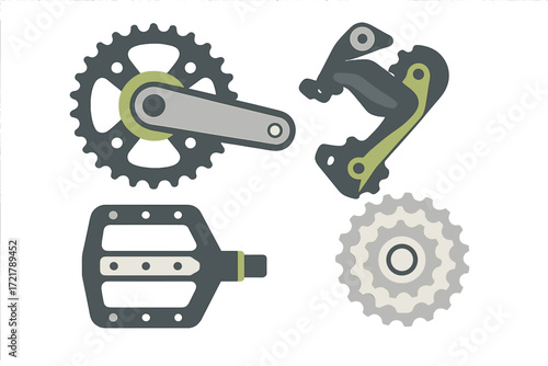Bicycle components including crankset, pedals, derailleur, and sprocket displayed on a plain background