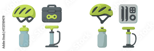 Bike safety gear and accessories arranged on a flat surface for cycling enthusiasts and beginners