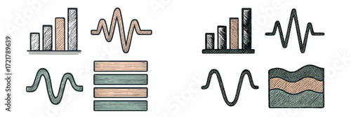 Various data visualization elements including bar graphs and waveforms showcased in a creative design