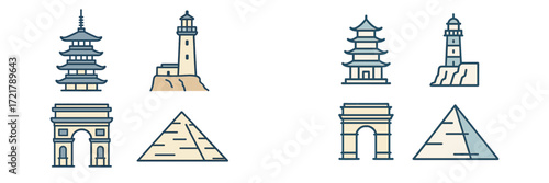 Different types of famous landmarks including pagodas, lighthouses, arches, and pyramids displayed in a colorful arrangement