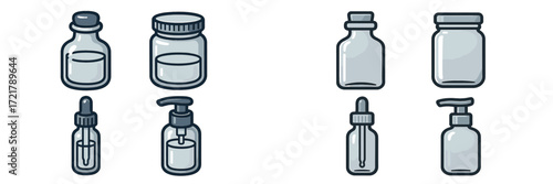 Various types of glass containers, droppers, and dispensers for liquids in a clean, modern style