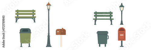 Park scene with benches, street lamps, mailboxes, and trash bins in a quiet neighborhood during daylight