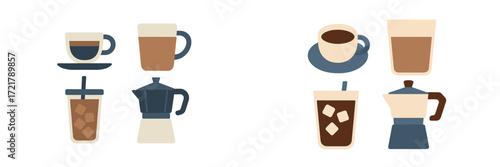 Different coffee styles and preparations displayed on a simple background featuring cups and coffee makers
