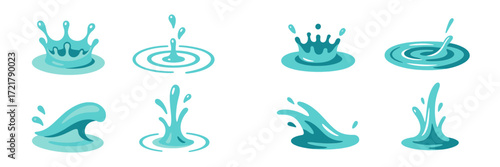 Variety of water splash designs showcasing different forms of liquid motion and impact effects