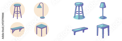 Various types of furniture in simplistic design featuring stools, tables, and lamps suitable for modern interiors