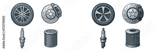 Components of a car showing wheels, brake discs, spark plugs, and oil filters on a white background