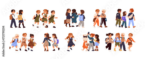 Students are back to school set. Happy kids in uniform go to class together. Groups of cute children carry backpacks. Pupils hold hands, run to lesson. Flat isolated vector illustrations on white.