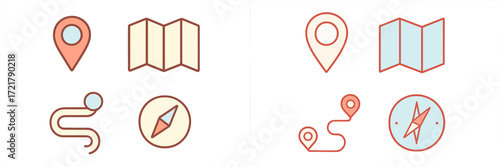 Collection of modern navigation and mapping icons featuring various designs and styles for directional use