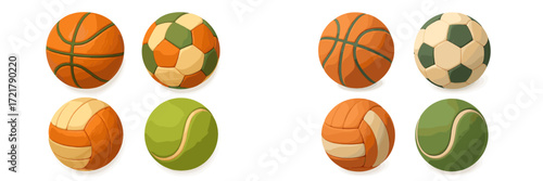Colorful balls for sports displayed on a white background, showcasing various designs and textures, suitable for different games and activities