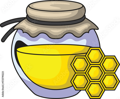A jar of honey with a honeycomb