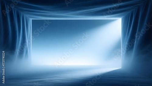 Two blue theater curtains with stage lights