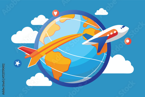 Airplane flying around a colorful globe with clouds and social connection symbols during daytime
