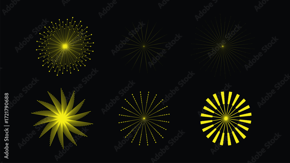 Fototapeta premium Six Yellow Geometric Radial Designs with Spokes Radiating from Centers on Black Background