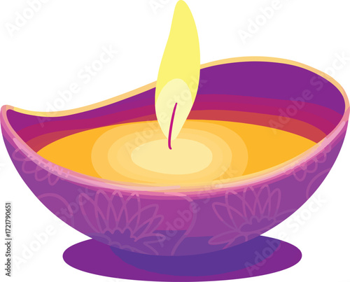 A lit diya with a yellow flame against a white background