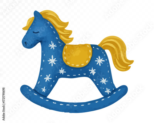 Watercolor felt rocking horse toy in blue with golden mane, tail and saddle, decorated with white stitched snowflakes, handmade Christmas ornament art. Vector illustration.