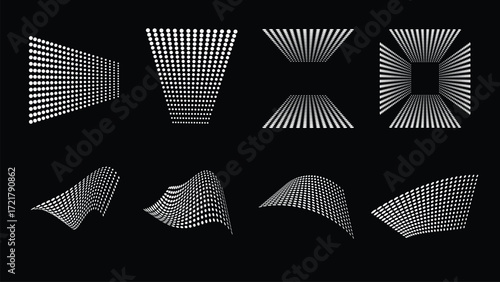 White Dotted Perspective Grids and Wavy Surfaces on Black Background Abstract Geometric Patterns