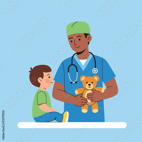 Pediatrician comforting a child with a teddy bear