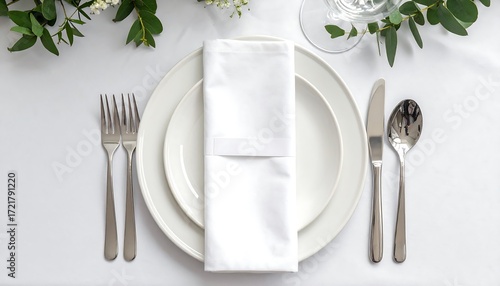 Formal place setting on a white tablecloth