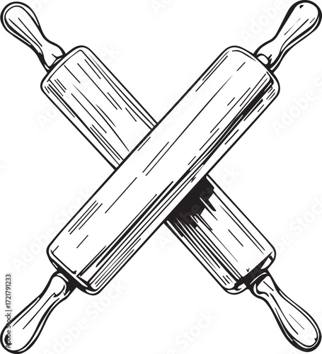 Black and white illustration of two crossed rolling pins with wood grain texture, symbolizing baking, cooking, and culinary arts