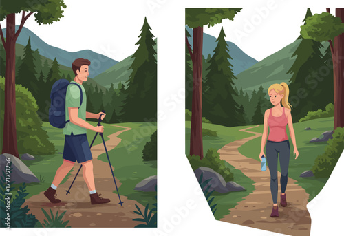 Hiking in forest trail, mountain adventure, outdoor fitness, nature exploration, healthy lifestyle, trekking couple, scenic landscape, pine trees, travel inspiration