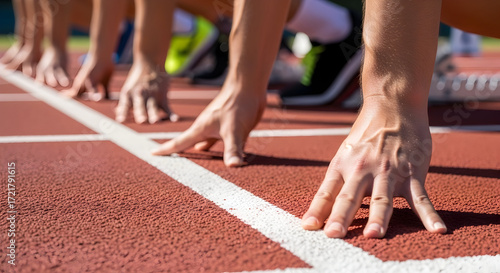 Ready Set Go Athletes at the Starting Line of a Race Competition Track and Field Sprint Runners