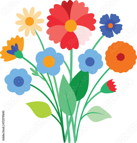 Vibrant colorful wildflower bouquet illustration with poppies and cornflowers vector graphic