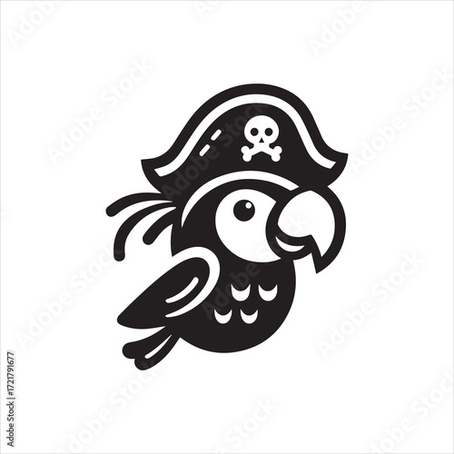 Cartoon Pirate Parrot with Skull and Crossbones Hat Black and White Vector.