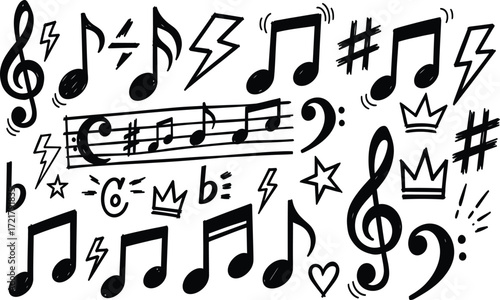 Doodle Music Notes and Symbols Hand Drawn Vector Set