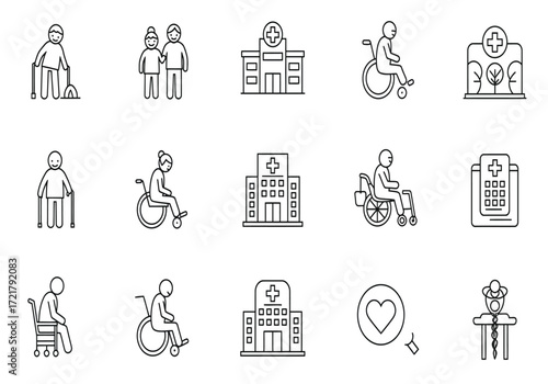 Collection of hand drawn line art icons representing elderly care and senior health services with buildings and people