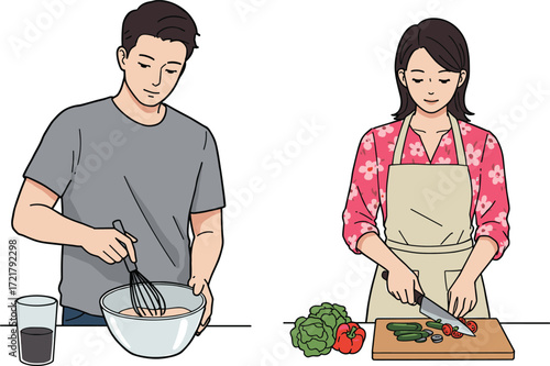 Home cooking, teamwork, kitchen preparation, fresh vegetables, slicing, whisking, apron, domestic lifestyle, culinary process, food prep, healthy eating, casual kitchen