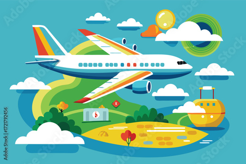Creative illustration of a colorful airplane flying above a scenic landscape with clouds and sun
