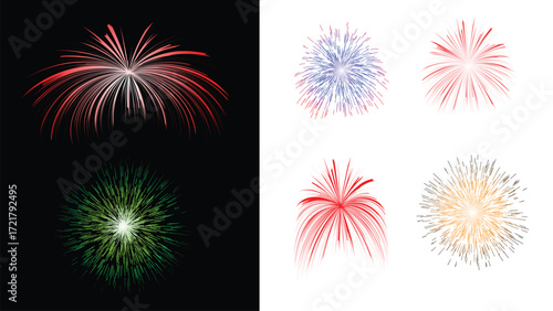 Colorful Fireworks Display Red, Green, Blue, and Gold Fireworks on Black and White Backgrounds
