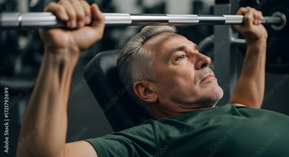 Naklejka premium Senior Man Weightlifting Bench Press Exercise Fitness Gym Workout Healthy Lifestyle Strong Mature Adult Bodybuilding Strength Training Muscle Power