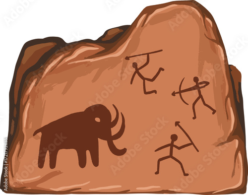 Cave painting on a rock depicting a mammoth and hunters