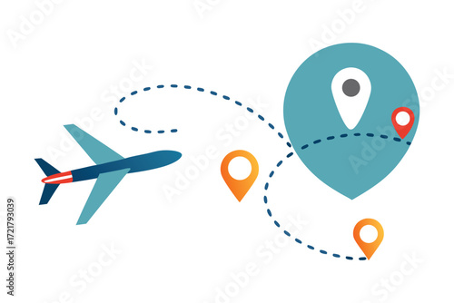 Colorful airplane flying toward destination markers in a travel illustration