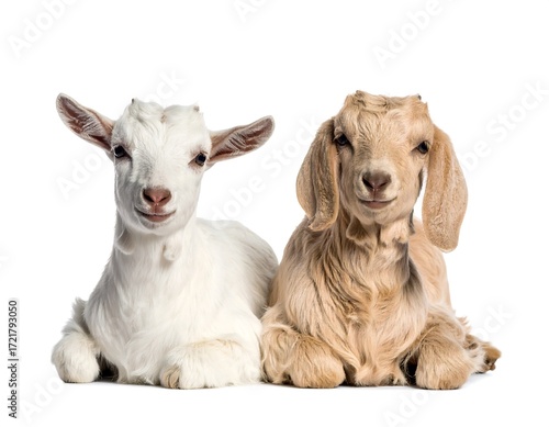 Two young goats, one white and one beige, lying down
