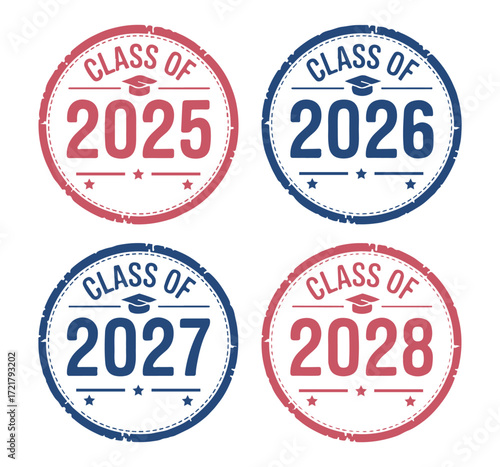 Round Badge Graduation Set Class of 2025, 2026, 2027, 2028 Vector Design
