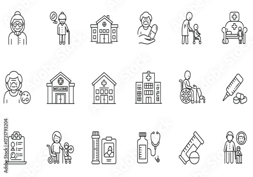 Collection of hand drawn outline icons representing healthcare services family support and medical facilities for illustrative purposes