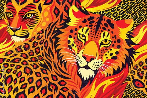 Colorful artwork featuring two leopards surrounded by vibrant flames and abstract patterns