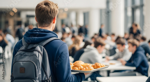 Student carrying croissants in a busy cafeteria back view college campus breakfast food tray