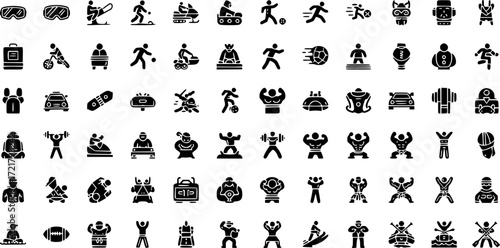 set of 100 glyph sport web icons. filled icons such as sport goggles,snowmobile sport,kickball,rallycross,training,bodybuilding,karate,rafting. vector illustration