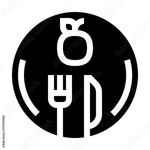 Icono de nutrición saludable. Alimentación equilibrada, dieta balanceada y bienestar. Plato con cubiertos y manzana. Ilustración vectorial