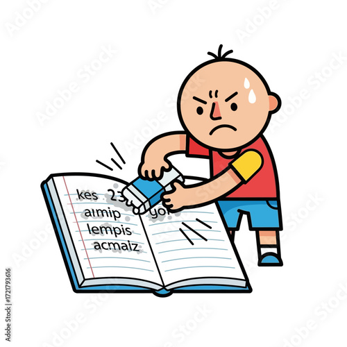 Frustrated Boy Erasing Mistakes in Notebook