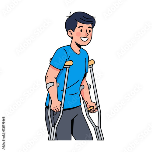 Young Man Recovering with Crutches Positive and Upbeat Illustration