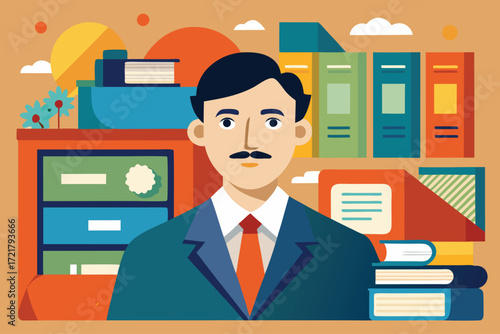 Professional man standing in front of colorful bookshelves with various items and books in a well-organized study