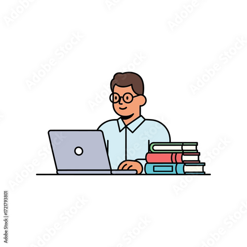 Focused Student Studying with Laptop and Books