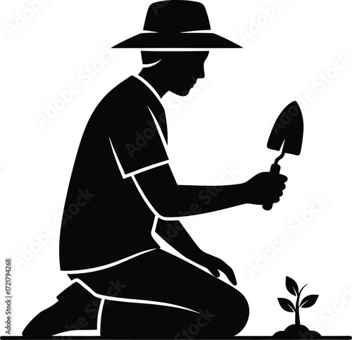 Silhouette Vector of Gardener Planting Seedling with Trowel While Kneeling Outdoors