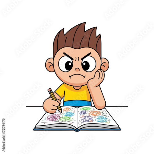 Frustrated Boy Struggling with Schoolwork, Cartoon Illustration