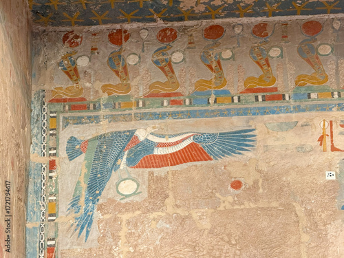 Frieze of uraei with sun disks at Mortuary Temple of Hatshepsut in Luxor, Egypt