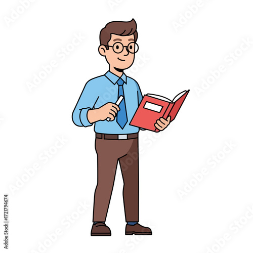 Smiling Teacher Holding Book and Pen, Ready to Educate